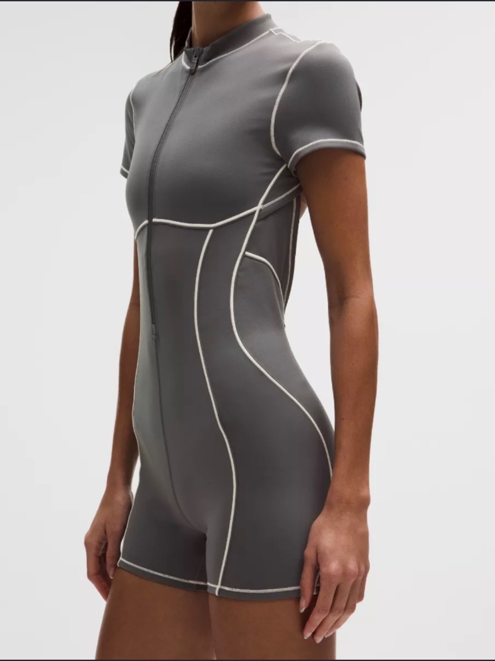 Gray Contrast Stitch Fitted Romper